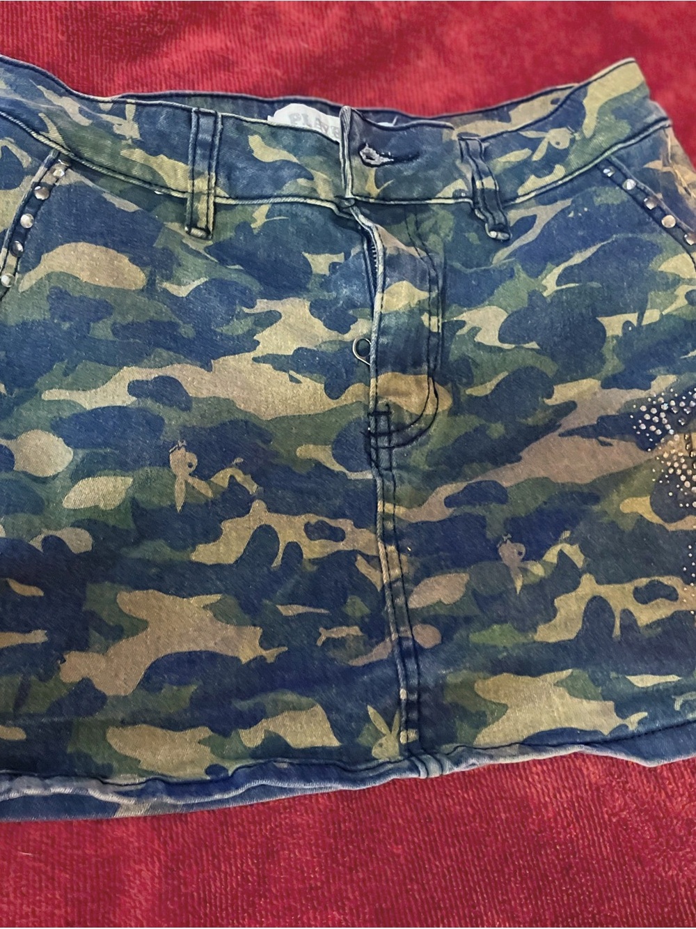 Playboy Y2K Camo Mini Skirt Size 5 Rhinestone Bunny & Butterfly